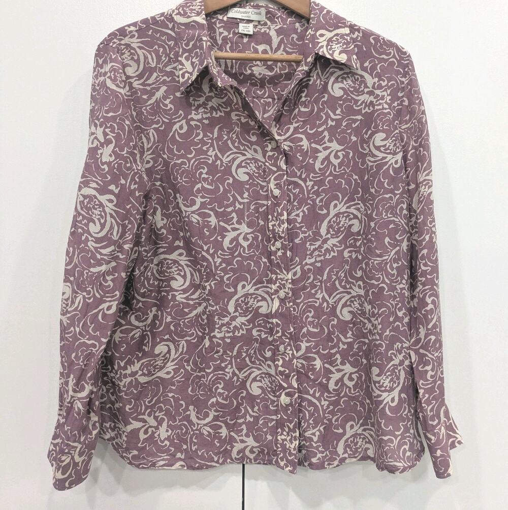 Coldwater Creek Shaped Blouse PXL 18 Cotton Silk Purple Paisley Floral Shirt Top
